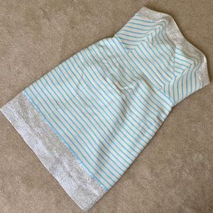 Lilly Pulitzer Remi tan/aqua blue striped with silver strapless dress